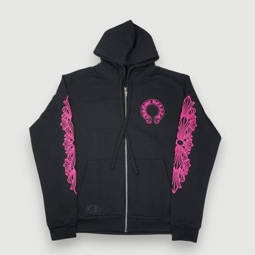 袖フローラルホースシューバックプリント 【ジップパーカー】【ブラック×ピンク】【新品】 SIZE:M