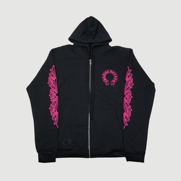 袖フローラルホースシューバックプリント 【ジップパーカー】【ブラック×ピンク】【新品】 SIZE:L