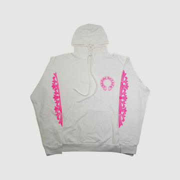 袖フローラルホースシューバックプリント 【パーカー】【ホワイト×ピンク】 SIZE:L