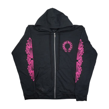 袖フローラルホースシューバックプリント 【ジップパーカー】【ブラック×ピンク】 SIZE:XL