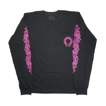 袖フローラルホースシューバックプリント 【カットソー】【ブラック×ピンク】 SIZE:L