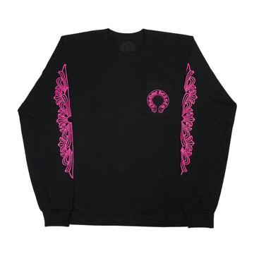 袖フローラルホースシューバックプリント 【カットソー】【ブラック×ピンク】【新品】 SIZE:L