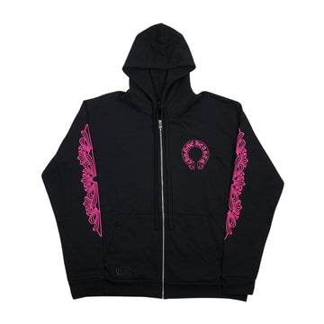 袖フローラルホースシューバックプリント 【ジップパーカー】【ブラック×ピンク】【新品】 SIZE:L